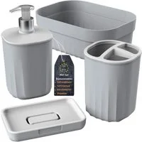 Engelland Badaccessoire-Set Badezimmer-Set, 4-teilig, bestehend aus Seifenspender, Seifenschale, Zahnbürstenhalter & Organizer, Vorteils-Set, 4 tlg., 4-teilig, modernes Design, robuster Kunststoff, BPA-frei, Rillen-Optik