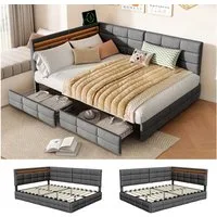 Simurq Polsterbett Daybett mit LED-Beleuchtung & USB, Tagesbett Jugendbett (1-tlg., in 2 Größen verfügbar), Schlafsofa Sofabett mit 2 Schubladen