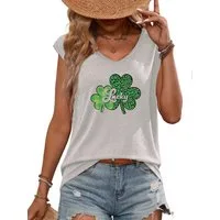 PYLIKE Kurzarmshirt Damen Casual Achselhemd mit Klee Druck bequemes Tanktop Bequem für Freizeit und Büro,Strandurlaub