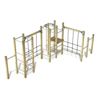Parkour Anlage PRO Fit Lava - Robustes Spielplatz Sportgerät mit Kletternetz & Edelstahl Reck für Außenbereiche 9x9 cm Holzkonstruktion - Wickey
