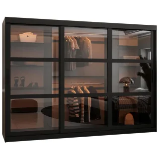 Abiks Möbel Schwebetürenschrank, Schwarz, Holz, Nachbildung, 9 Fächer, 250x200x62 cm, Schlafzimmer, Kleiderschränke, Schwebetürenschränke