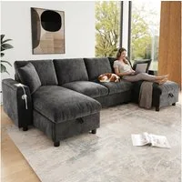 Odikalo Sofa Ecksofa Schlafsofa mit Schlaffunktion USB & Stauraum, U-Form, Sofa aus Chenille (2-Sitzer + zwei Chaiselongue-Elemente), Chaiselongues mit aufklappbarem Stauraum, mit 1 USB-Anschluss und 1 Type-C-Anschluss, Maße: 284 × 135 × 84 cm