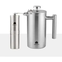 GRØNENBERG French Press Kanne Spar Set 1: Manuelle Kaffeemühle + French Press (350, 600, 1000ml), Edelstahl Kaffeebereiter mit Thermo Effekt & inkl. Ersatz Filter