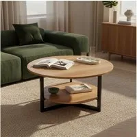 skølm Couchtisch Drakkar aus Massivholz Eiche, Tisch mit Metallgestell (Natur), Wohnzimmertisch Ø70 cm mit 2 Ablageflächen
