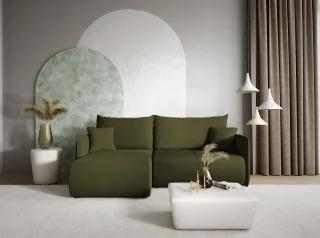Ecksofa Sofa mit Schlaffunktion CALGARY Stoff Curio Grün Ottomane Links