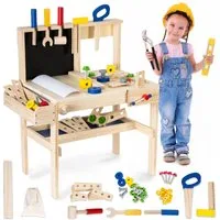 Mamabrum Spielwerkbank Holz-Werkbank für Kinder – Handwerks-Set + Werkzeuggürtel