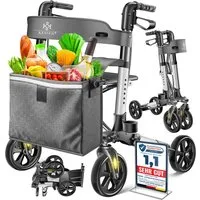 KESSER Rollator Aluminium – faltbar, höhenverstellbar & bis 136 kg belastbar, wetterbeständig, Tasche, Stockhalter, Reflektoren, 360° Gelände Reifen