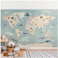 Bilderdepot24 Kindertapete Karte Tiere Welt Kinder Retro Vintage Weltkarten Tiere blau modern, Glatt, Matt, (Vliestapete inkl. Kleister oder selbstklebend), Mädchenzimmer Jungenzimmer Babyzimmer Bildtapete Fototapete Wandtapete