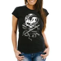 Neverless Print-Shirt Damen T-Shirt Totenkopf Schlange Skull Snake Slim Fit mit Print