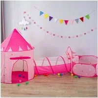 Festivalartikel Spielzelt 3in1 Kinder Spielzelt Schloss Tunnel Bällebad Rosa