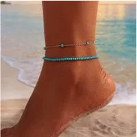 MOPUEA Fußkette Perlen-Fußkettchen für Damen, Boho-Strand-Fußkette (Doppellagiges Fußkettchen mit Reisperlen und Türkis), verstellbares Damen Fußband für Strand, Sommer und Urlaub