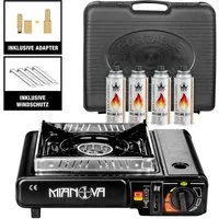 Mianova Gaskocher Campingkocher Gaskocher 2in1 LPG Anschluss + 4x Gaskartuschen Koffer, (Outdoor BBQ Barbecue Grill Gas Camping Herd Kocher Tischgrill Notfall Campingherd Notfallkocher Gaskocher), Inkl. 4 Gaskartuschen und Windschutz