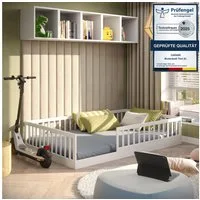 CADANI Kinderbett Timi Bodenbett bis 200 kg belastbar mit abnehmbarem Rausfallschutz (120x200 cm, Montessori Kinder- & Jugendbett aus Kiefer Massivholz), inkl. stabilem Roll-Lattenrost, Weiß