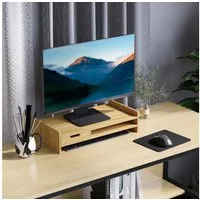 HOMCOM Monitor-Halterung Monitorständer Bildschirmständer Schreibtisch-Organizer, (bis 19.2 Zoll, Mit Schubladen, 1-tlg., Natur, 49cm x 25,5cm x 11,5cm)