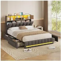 KIMENICH Polsterbett Bettgestell mit LED-Beleuchtung, 4 Schubladen, Ladestation, 140x190 cm, Grau