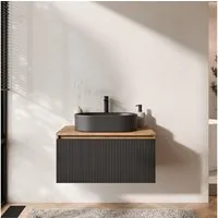 Planetmöbel Waschtisch-Set Arisa 2 teilig, Waschtisch mit Unterschrank 80 cm, Waschbecken 55 cm, (Waschtischunterschrank hängend für Gäste WC & Bad, schwarz geriffelt, 2-St., Badmöbel Set mit Waschbecken 55 cm schwarz), Schublade mit Soft-Close Funkt