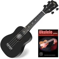 Classic Cantabile Ukulele Sopranukulele (Ukulele, Uke, 15 Bünde, leichtgängige Gitarrenmechanik), Spar-Set inklusive Ukulele-Schule