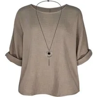 dy_mode Crinklebluse Damen Musselin Bluse Oversize Bluse Blusenshirt Oberteil Baumwolle in Unifarbe, mit passende Kette