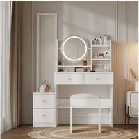 KLAM HOME Schminktisch Make-up Tisch,mit Ganzkörperspiegel und drehbarem Tischspiegel (Mit Schminktisch Hocker, 3 Farben LED-Beleuchtung, Metallgriff, Weiß), ideal fürs Schlafzimmer & Jugendzimmer., B109/D36/H164 cm
