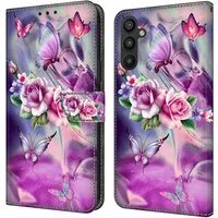CLM-Tech Handytasche für Samsung Galaxy A16 / A17 5G Hülle aus Kunstleder Klapphülle (lila Blumen Schmetterlinge, Handyhülle mit Standfunktion - Wallet Flip Case inklusive Kartenfächer), Cover mit Magnetverschluss - Samsung Galaxy A16 5G Schutzhülle