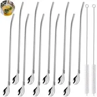 FOUORTUNATE-BEE Trinkhalme 10 Stück Edelstahl Trinkhalme Trinkhalmlöffel Löffelstrohhalme, (Wiederverwendbare Löffelhalme mit 2 Stück Strohhalm Reinigungsbürste, für Smoothies, Milchshakes, Cocktail, Kaffee)