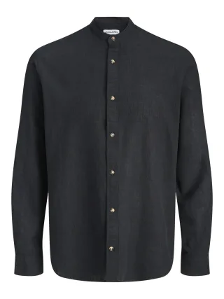 JACK&JONES - JJESUMMER LINEN BLEND BAND SHIRT L/S SN Black - Gr. - M