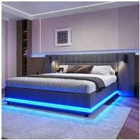 Merax Polsterbett (1-tlg), Doppelbett 180x200cm mit LED-Leiste USB-Anschluss Leselicht, Leinen