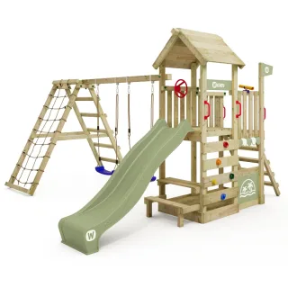 Spielturm ArtFlyer mit Kletteranbau - Großer Gartenspielplatz mit Sandkasten, Picknicktisch & Wellenrutsche aus langlebigem Massivholz - Wickey