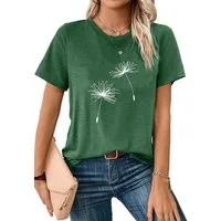 PYLIKE Kurzarmshirt Damen Sommer Casual bequemes t shirt mit Löwenzahn Print-Shirt Bequem für Freizeit und Büro,Strandurlaub
