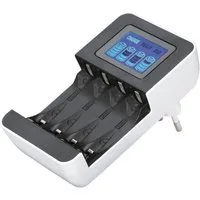 Hama Akku Ladegerät für Batterien, geeignet für Typ AA und AAA NiMH Akku-Ladestation (450 mA, 1-tlg., Mit LCD Display, 4-Schacht, Verpolungsschutz, Akku Defekterkennung)