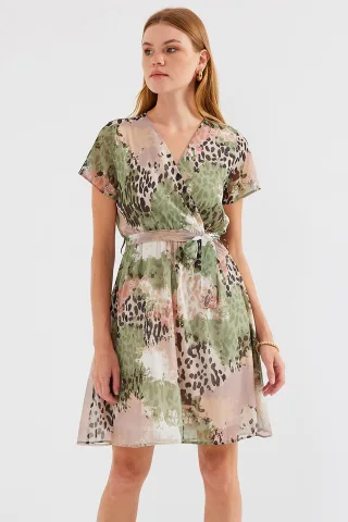 V-Ausschnitt Blumendesigner Mini-Kleid mit Bindegurt