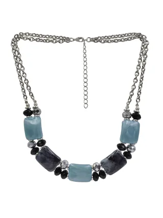 Steuer Modeschmuck Collierkette silberfarben doppelreihig, Zierelemente blau schwarz silber