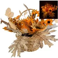 Kunstblumenstrauß - Deko Korb mit künstlichen Blumen & LED Lichterkette, Herbstdeko - Herbstlaub, Sonnenblumen, Crysanthemen, Online-Fuchs, herbstlicher Blumenkorb für ein gemütliches Amiente