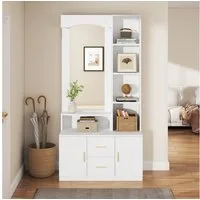 Merax Garderoben-Set mit großem Spiegel, (Diele-Möbel Flurschrank, 1-St., Flurgarderoben Set Scandi, 90×40×180 cm), Kompaktgarderobe mit 2 Schubladen, 2 Schränken und offenen Regalen