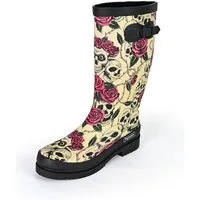 Regenliebe Ghost High Gummistiefel Langschaft Stiefel mit Totenköpfen und roten Rosen