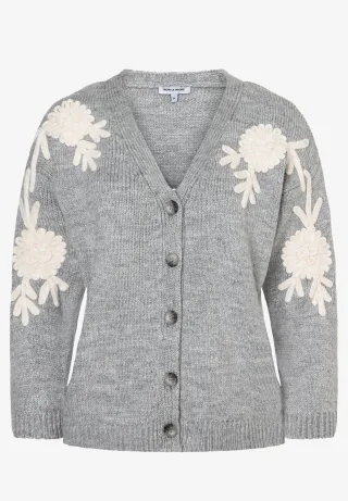 MORE & MORE - Strickjacke mit Blüten-Stick grau - Gr. - 36
