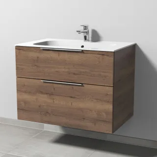 Sanipa 3way Keramik-Set Finion Keramik-Waschtisch und Unterbau mit 2 Auszügen, Eiche-Tabak UM40050