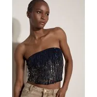 Apricot Paillettenshirt Bandeau-Crop-Top mit Fransen und Pailletten