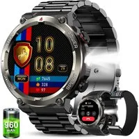blackview Militärische Smartwatch für Herren mit 960mAh(30 Tage),Telefonfunktion Smartwatch (1.45 Zoll, iOS/Android), 3-tlg., 3 x Riemen / 2 x Riemen und Ladekabel, Sprachassistent,LED-Taschenlampe,Kompass,150+ Sportmodi,Schritten,IP68