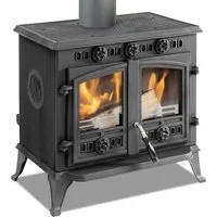 ECOfoxx Kaminofen EEK A Gusskaminofen mit Flügeltüren Modell JA006, Holz&Kohle, 9,8 kW, Dauerbrandfähig, massiver Gusseisen, großer Aschekasten in Schaufelform, Bauart 1