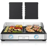 Arendo Tischgrill Gourmet Edelstahl Elektrogrill, 2 Grillzonen, elektrisch, Spritzschutz, 2800 W, Antihaftbeschichtung, Temperaturregelung, für Balkon, Garten & Indoor