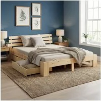 Homestyle4u Massivholzbett 90x200 140x200 160x200 180x200 Bettkasten Lattenrost Natur Weiß Grau (Set, mit Lattenrost, Matratze H3 mit OEKO-TEX® Standard 100, 2x Schublade), 140x200, Kiefer, mit Stauraum, klar lackiert, schlicht