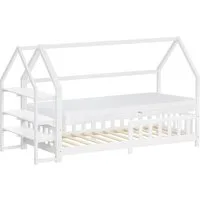 ML-DESIGN Spielbett Hausbett Kinderbett inkl. Lattenrost und Regal Bodenbett für Kinder, Abenteuerbett mit Matratze H-16 cm 90x200cm Holzbett Weiß Bettgestell