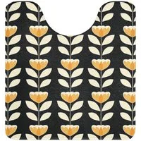 OnlyWow WC-Vorleger Retro - Blume - Schwarz - Ockergelb, Höhe 10 mm, Polyester, U-Form, Vorleger mit Ausschnitt, Toilettenvorleger, Toilettenteppich