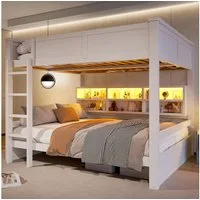 Flieks Etagenbett, Kinderbett 160x200cm mit LED-Beleuchtung, Stauraumregal und Leiter