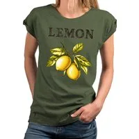 MAKAYA Kurzarmshirt mit Zitronen Print für Damen Modern Lässig Elegant (Weiß, Rosa, Grau, Grün, 34, 36, 38, 40, 42, 44, 46, 48, 50) aus Baumwolle