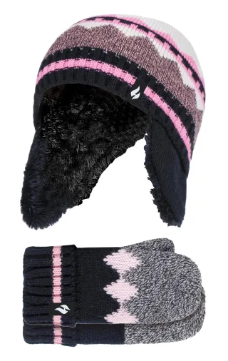 Wärmehalter - Girls Nordic Pattern Fairisle Design Trappermütze mit Pom Pom und Fäustlinge Handschuhe Set - Schwarz