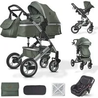 Bronea Kombi-Kinderwagen EXQUISE 2.0 Kinderwagen 3-in-1 GRÜN/SILBER mit BUGGY, AUTO-BABYSCHALE, HOCHWERTIGES MODELL, Wickeltasche, Regen-, Mücken- & Sonnenschutz