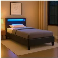 CARO-Möbel Polsterbett MANDALAY, LED Bett 90x200 cm Einzelbett Lattenrost und Kunstlederbezug Schwarz