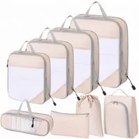 SURFOU Kofferorganizer 8er Set mit Kosmetiktasche und Packtaschen, Schwarz/Beige, (Set, 8-tlg)Packing Cubes, Reise Packtaschen, Faltbar, Verstaubar